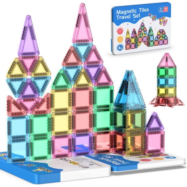 40PCS Mini Magnetic Tiles Travel Set, Portable STEM Building Blocks for Kids with Metal Storage Box, Montessori Sensory Toys for Classroom & Travel, Ideal Gift for Boys & Girls